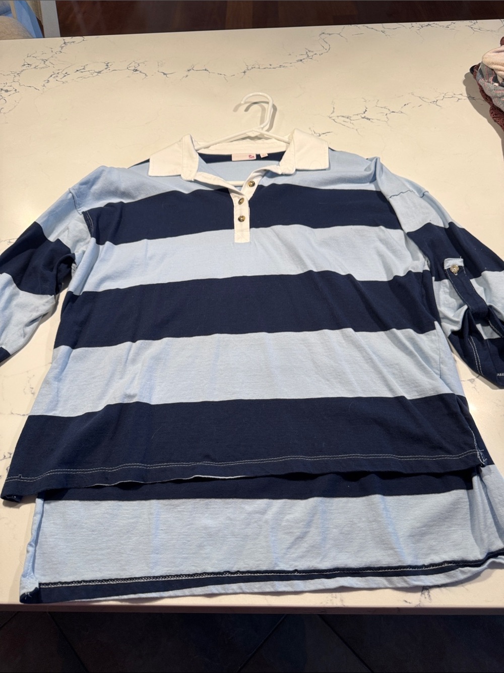 SO Women’s Short Sleeve Rugby Stripe Top - Light Blue, Navy & White